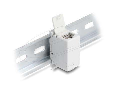 DELOCK RJ45 Kupplung Cat.6A Buchse zu Buchse mit Staubschutzklappe für Hutschienen Montage grau (90768)