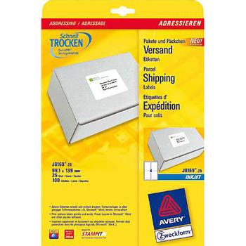 AVERY Inkjet Address Label 99.1x139mm 4 Per A4 Sheet White (Pack 100 Labels) J8169-25 (J8169-25)