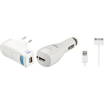 Deltaco IPNE-KIT3 - Batterilader + AC-strømadapter + bilstrømadapter - 1 A (USB) - hvit - for Apple iPad/ iPhone/ iPod (IPNE-KIT3)