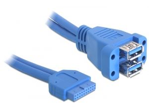 DELOCK intern kabel för USB 3.0. IDC20 ha - 2xUSB 3.0 A ho, 0,45m, blå (82942)