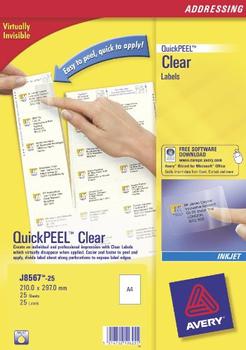 AVERY Inkjet Address Label 210x297mm 1 Per A4 Sheet Clear (Pack 25 Labels) J8567-25 (J8567-25)