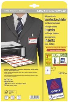 AVERY Micro Perforated Inserts for Badge Holders, 190 g, 60x9 8 Labels/ sheet/ 20 sheets/ pack (L4728-20)