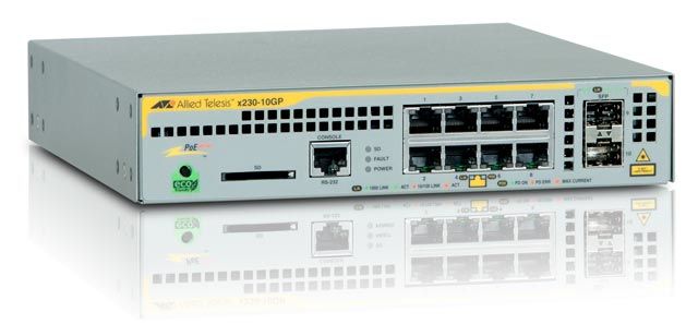 Allied Telesis ALLIED L2+ managed switch 8x 10/ 100/ 1000Mbps POE ports 2x SFP uplink slots 1 Fixed AC power supply (ATx23010GP50)