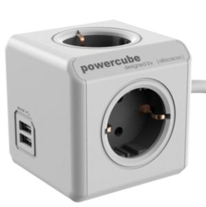 ALLOCACOC Powercube,  Extended USB, 4xDosen(CEE7)->Stecker(CEE7),  3m, weiss/ grau (1407/DEEUPC)