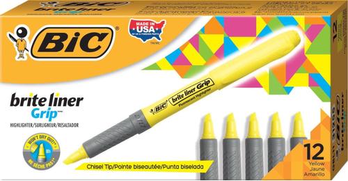 BIC Grip Highlighter Pen Chisel Tip 1.6-3.3mm Line Yellow (Pack 12) - 811935 (811935)