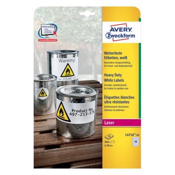 AVERY Laseretiket Avery stærk hvid Ø30mm 48stk/ark 20ark/pak (L4716-20)