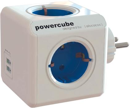 ALLOCACOC PowerCube Original USB - 4xCEE 7/4-uttak og 2xUSB for ladning av mobile enheter, 1xCEE 7/7 tilkobling,  barnesikrede kontakter,  hvit/blå (44-1202)