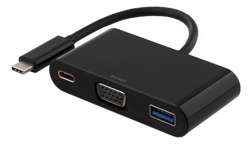 DELTACO USB-C to VGA and USB Type A adapter, USB-C FM, 60W, black (USBC-1168)
