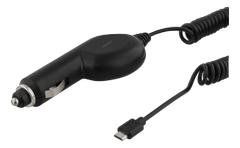 DELTACO Car Charger with Micro USB, 1A, 12-24V, 1m spiral cable, black