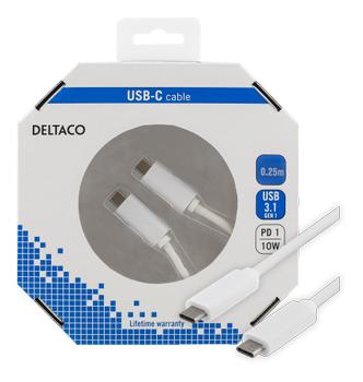 DELTACO USB 3.1 cable, Gen 1, Type C M - Type C M, 0,25m, white (USBC-1057-K)