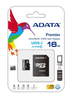 A-DATA 16GB MicroSDHC UHS-I Class10 +SD adapter (AUSDH16GUICL10-RA1)