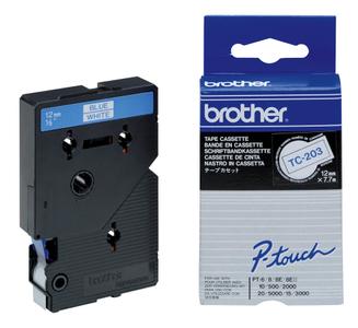 BROTHER TC-tape (Kat. 2), 12mm., blå tekst på hvid tape  (TC-203)