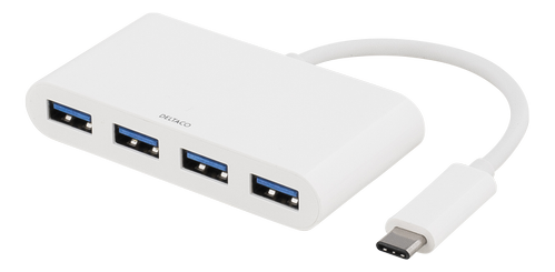 DELTACO USB 3.1 Gen 1 hub, USB-C, 4xUSB Type A, 5V 4,5W 900mA, white (USBC-HUB1)