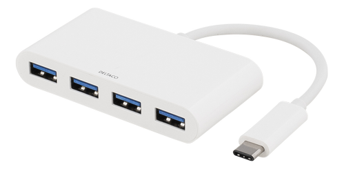 DELTACO USB-C Hub (USB 3.1 Gen 1) med 4xUSB Type A - Hvid (USBC-HUB1)