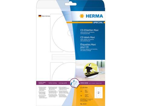 HERMA CD-Etiketten 116 mm Papier weiß Maxi blickdicht 25 Bl. 5115 (5115)