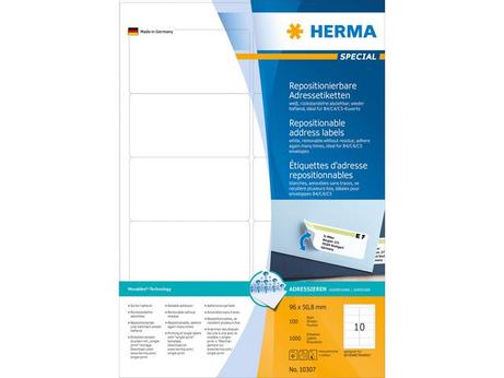 Herma Special - Papir - matt - flyttbart selv-adhesiv - hvit - 96 x 50.8 mm 1000 etikett(er) (100 ark x 10) adresselapper (10307)