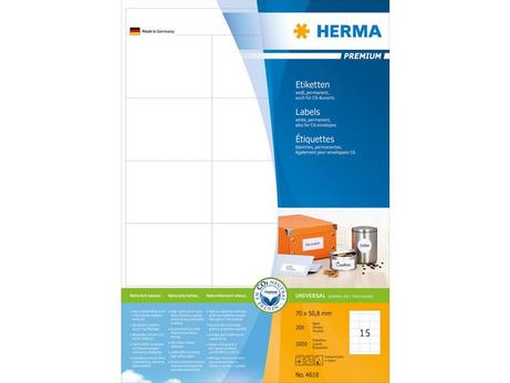 Herma Premium - Papir - matt - permanent selv-adhesiv - hvit - 70 x 50.8 mm 3000 etikett(er) (200 ark x 15) laminerte etiketter (4618)