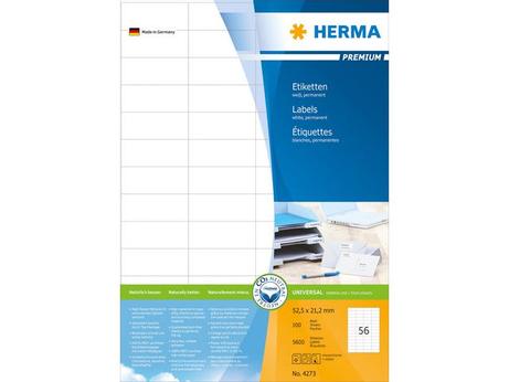 Herma Premium - Papir - matt - permanent selv-adhesiv - hvit - 52.5 x 21.2 mm 5600 etikett(er) (100 ark x 56) laminerte etiketter (4273)