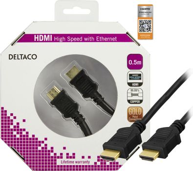 DELTACO HDMI cable, Premium High Speed HDMI with Ethernet, 0.5m, black (HDMI-1005-K)