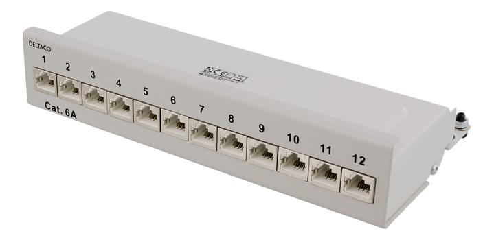 DELTACO Patchpanel,  12xRJ45, Cat6a, väggmonterbar,  10Gbps, grå (PAN-212)