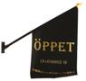 Bünger ""Flagga """"Öppet"""" svart med guld text""