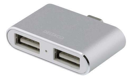DELTACO USB-C mini hubb, 2x USB-A 2,0, 480 Mbps, 0,5A, retail box, silver (USBC-HUB6 $DEL)