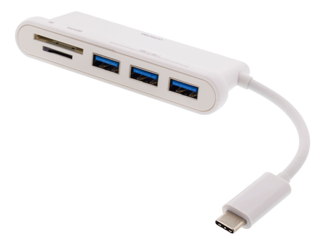 DELTACO USB-C hub, 3x USB-A 3.1, 1x SD slot, 1x microSD slot, white (USBC-HUB103)