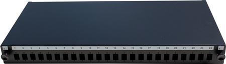 SOLAR PLUS Fiber patchpanel 19" udtræksbar 1HE, dybde: 200mm 24 stk. huller for SC simplex eller LC duplex, leveres tom, farve: sort (SPS24SCS-RF)