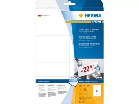Herma Special - Papir - matt - fjernbart selv-adhesiv - hvit - 105 x 42.3 mm 350 etikett(er) (25 ark x 14) merkelapper (5081)