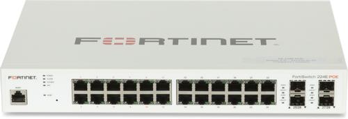 FORTINET L2/L3 PoE+ Switch — 24x GE RJ45 ports including 12x PoE+ ports, 4x GE SFP slots, FortiGate switch controller compatible.  (FS-224E-POE)