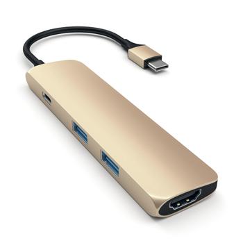 SATECHI Slim USB-C MultiPort-adapter med 4K HDMI-videooutput og 2 USB 3.0-porte - Guld (ST-CMAG)