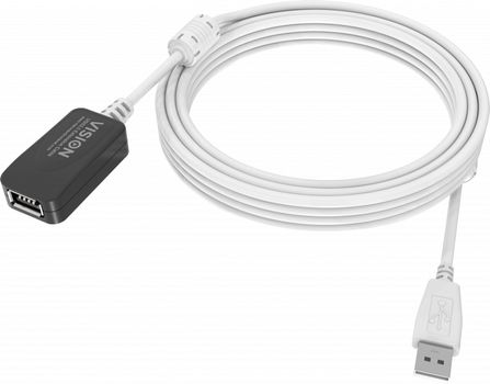 VISION N installation-grade USB 2.0 active extension cable - LIFETIME WARRANTY - gold connectors - ferrite cores - 480mbit/s - over 65% coverage braided shield - USB-A (F) to USB-A (M) - outer diameter 4.5 m (TC 5MUSBEXT+)