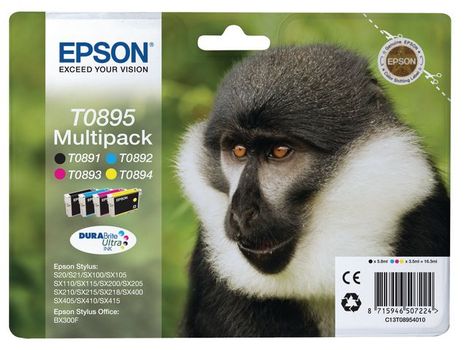 EPSON n Ink Cartridges,  DURABrite" Ultra, T0895, Monkey, Multipack,  1 x 5.8 ml Black, 1 x 3.5 ml Yellow, 1 x 3.5 ml Cyan, 1 x 3.5 ml Magenta (C13T08954010)