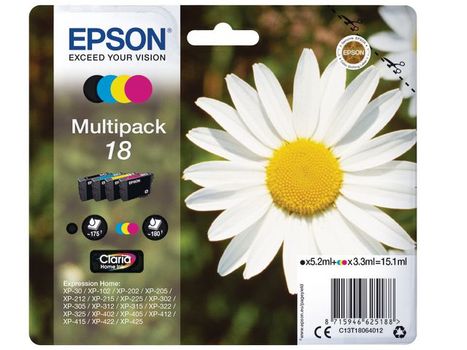 EPSON 18 ink cartridge black and tri-colour standard capacity 15.1ml 4-pack blister without alarm (C13T18064012)