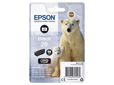 EPSON n Ink Cartridges,  Claria" Premium Ink, 26, Polar bear, Singlepack,  1 x 4.7 ml Photo Black (C13T26114012)