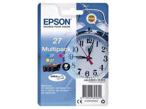 EPSON n Ink Cartridges,  DURABrite" Ultra, 27, Alarm clock, Multipack,  1 x 3.6 ml Cyan, 1 x 3.6 ml Magenta, 1 x 3.6 ml Yellow, RF+AM (C13T27054022)