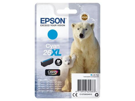 EPSON n Ink Cartridges,  Claria" Premium Ink, 26XL, Polar bear, Singlepack,  1 x 9.7 ml Cyan (C13T26324012)