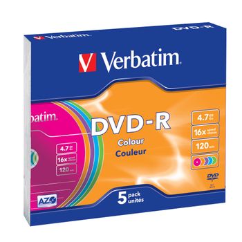 VERBATIM DVD-R, 16x, 4,7 GB/120 min, 5-pakkaus slim case, AZO, värillä (43557)