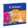 VERBATIM DVD-R, 16x, 4,7 GB/120 min, 5-pakkaus slim case, AZO, värillä (43557)