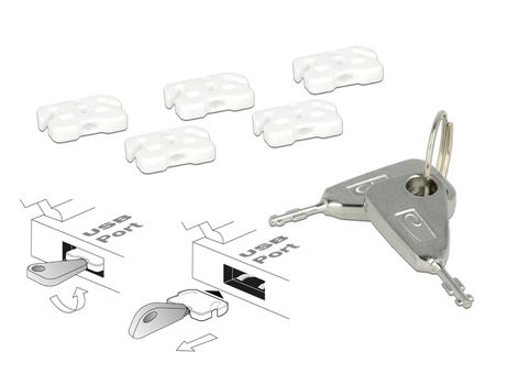 DELOCK Lås för USB-portar,  5 USB-lås, 2 nycklar, vit (20648)