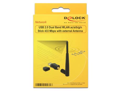 DELOCK trådlöst nätverkskort,  extern antenn, 802.11ac, USB 2.0, svart (12462)