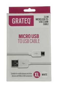 GRATEQ MICRO USB KAAPELI 3.0M VALKOINEN (85022)