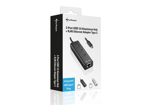 SHARKOON 3-PORT USB 3.0 ALUMINIUM HUB +RJ45 ETHERNET ADAPTER TYPE C SI CPNT (4044951019021)