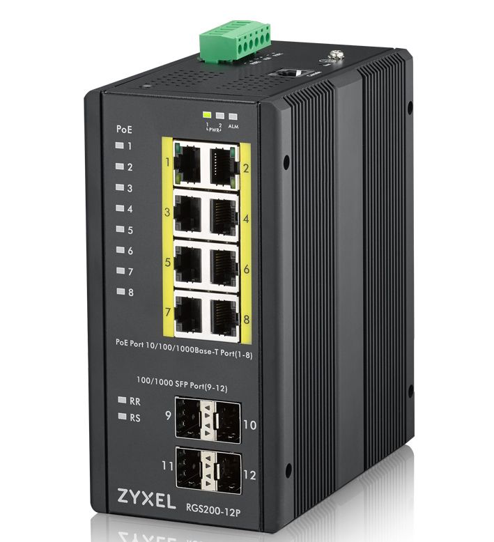 ZYXEL 12 Port Mng. 240W PoE Switch DIN Rail, IP30, 1258v DC SEC