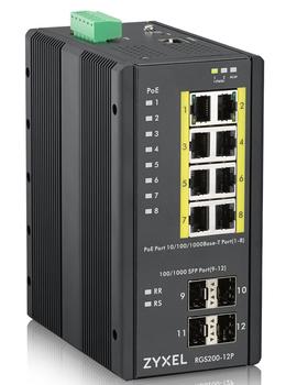 ZYXEL l RGS200-12P - Switch - Managed - 8 x 10/ 100/ 1000 (PoE+) + 4 x SFP - DIN rail mountable,  rack-mountable - PoE+ (240 W) - DC power (RGS200-12P-ZZ0101F)