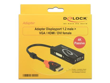 DELOCK DP till VGA/ HDMI/ DVI passiv adapter, Ultra HD 60Hz, svart (62902)