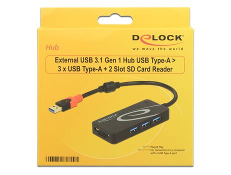 DELOCK External USB 3.1 Gen 1 Hub USB Type-A > 3 x USB Type-A + 2 Slot (62899)