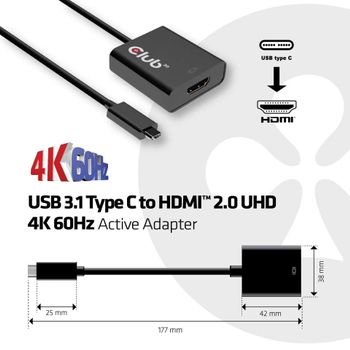CLUB 3D Club3D USB 3.1 C to HDMI 2.0 UHD 4K 60Hz Active Adapter (CAC-2504)