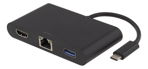 DELTACO USB-C docking station, HDMI, RJ45, 1xUSB A, USB-C PD, black (AD-BK-3237-170)
