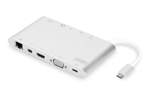 DIGITUS USB-C Docking station 3.1, 4K HDMI, Mini DP, VGA, USB 3.1, USB 3.0, RJ45 Micro SD, SD, Alu, Dual monitor support (DA-70861)